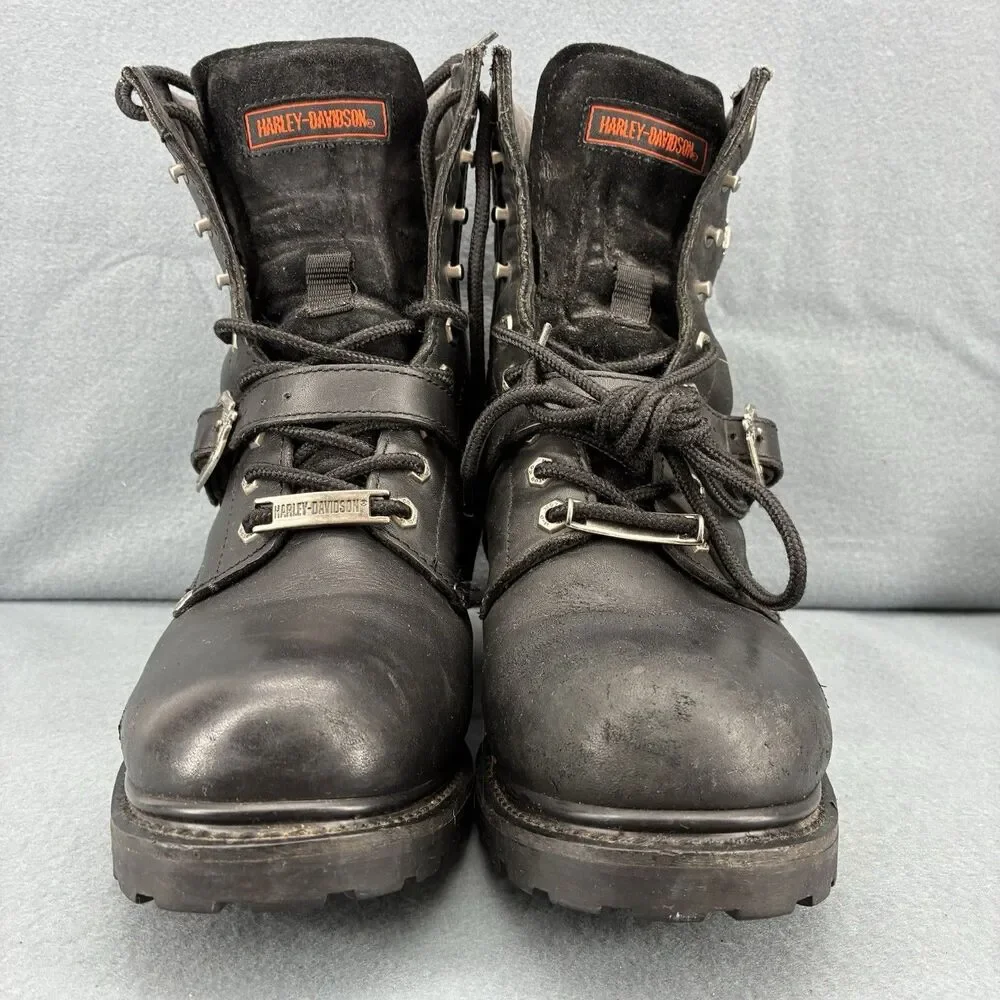 Harley Davidson Men’s Black Leather Motorcycle Biker Boots Size 9 Buckle Lace